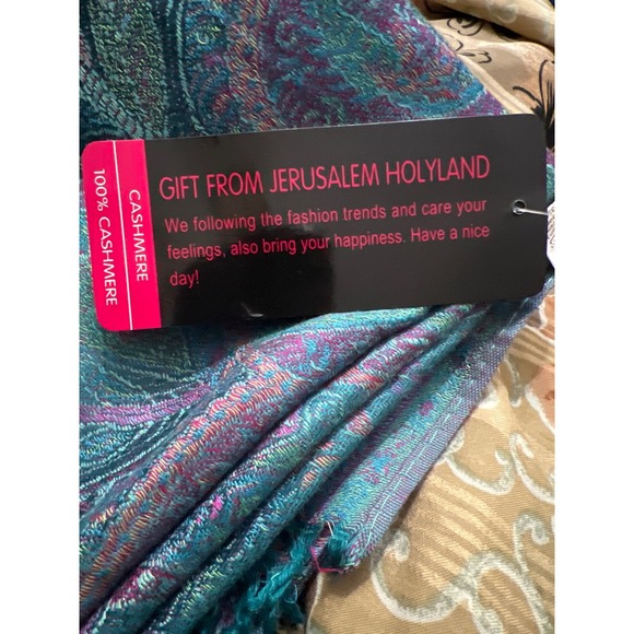 Women's Luxurious 100% Cashmere Paisley Shawl Scarf Teal Purple Fringe Bohemian - Picture 8 of 8